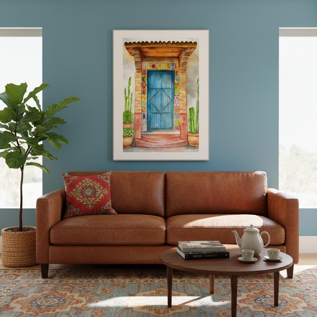 Vibrant Mexican Door Watercolor Print - Museum-Quality Matte Paper Poster